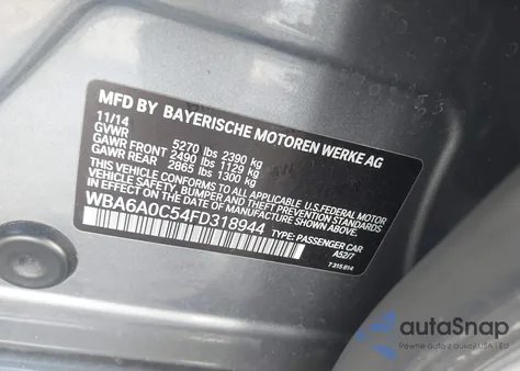 2015 BMW 640I Gran Coupe z USA, uszkodzony, nr VIN WBA6A0C54FD318944